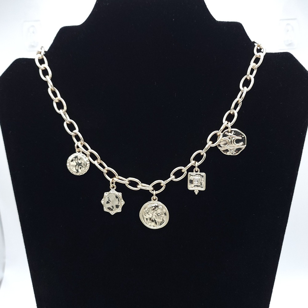 J Crew Gold Charm Necklace Chunky Link Coin Pendant 16in‎ - Picture 5 of 6